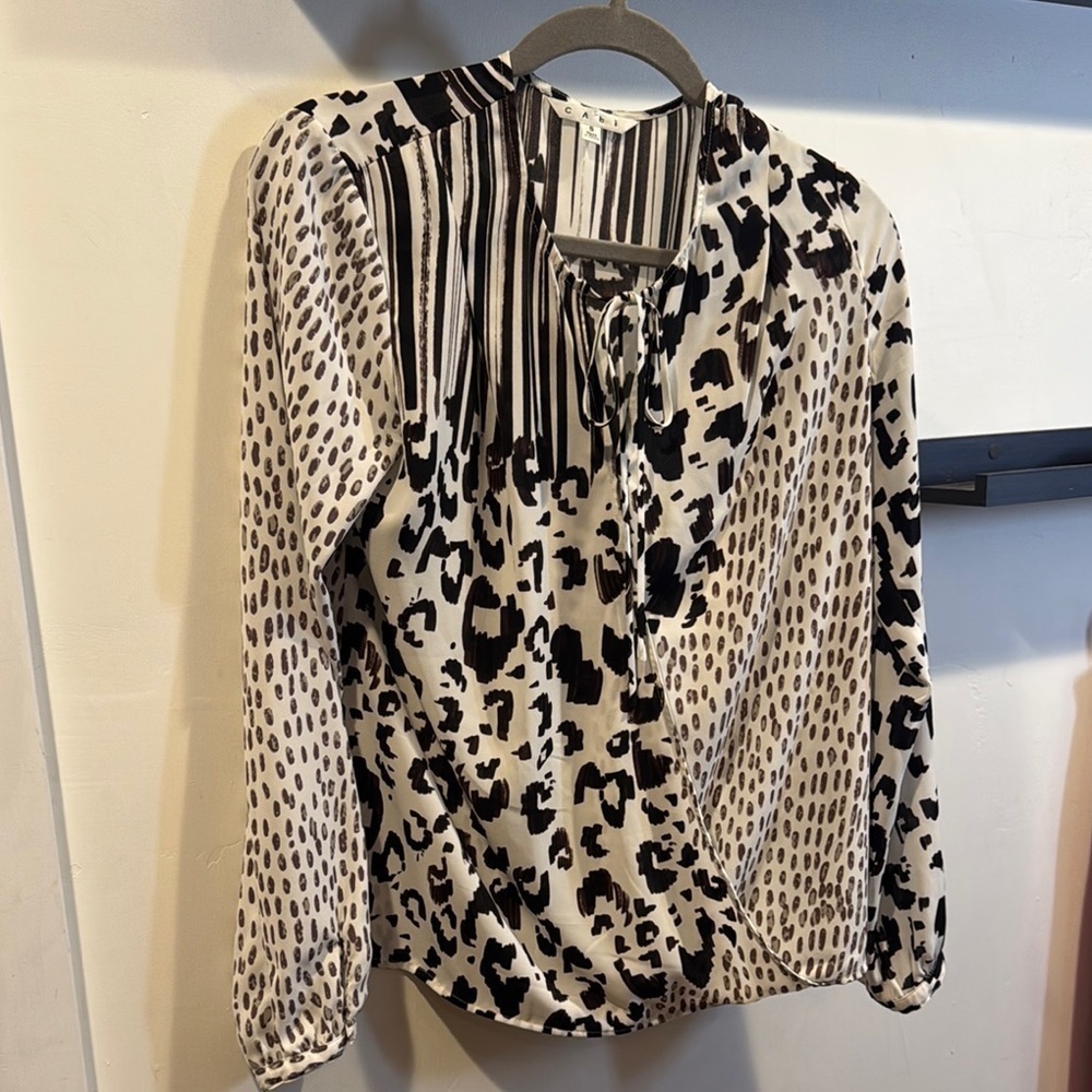CAbi Black and White Graphic Tie Neck Pleated Blouse